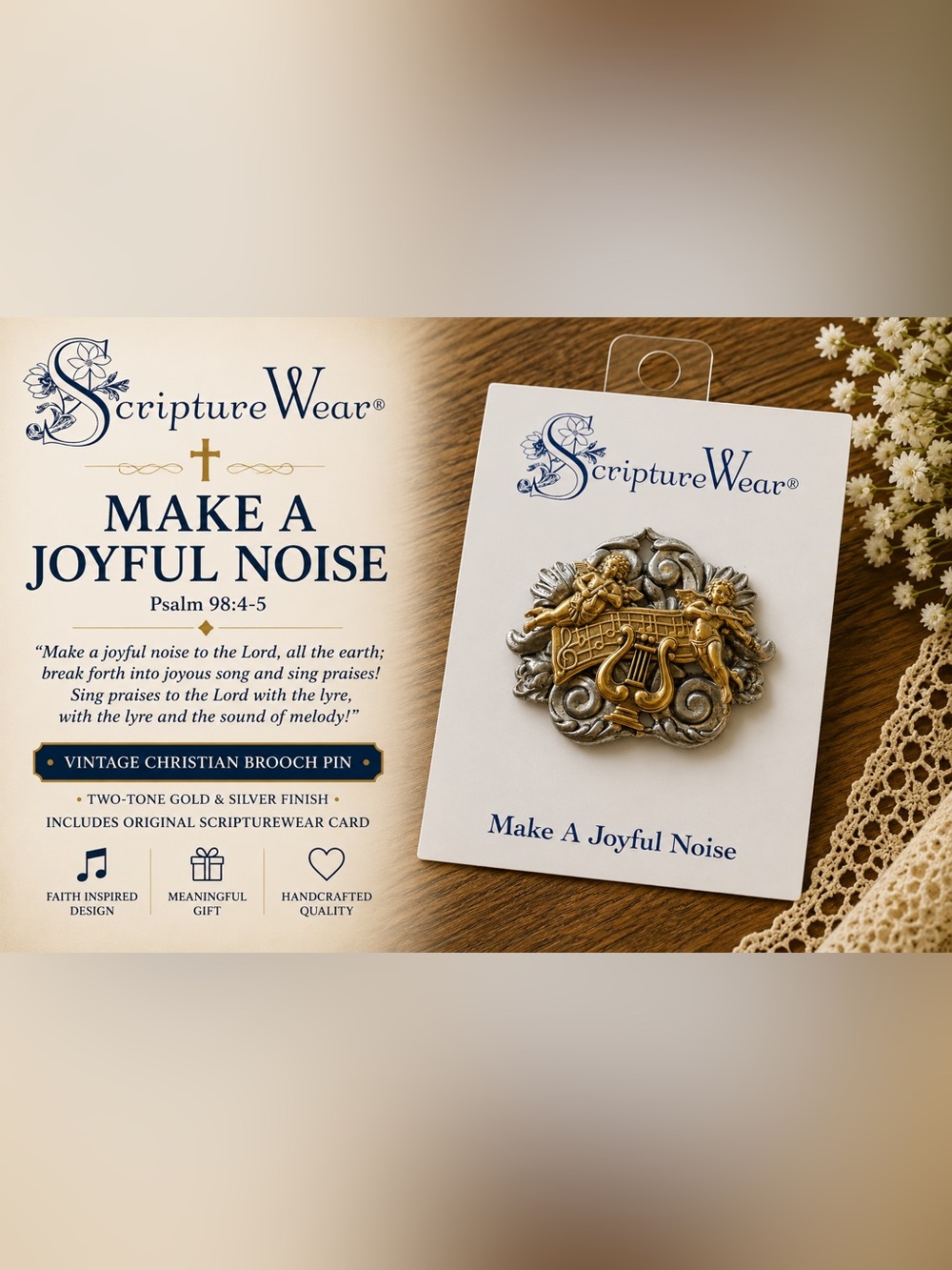 NWT ScriptureWear “Make A Joyful Noise” Christian Music Brooch Pin Psalm 98:4-5